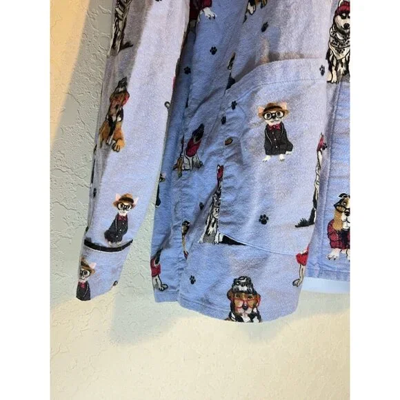 PJ Salvage Pajama Top Women's L Dogs Eyeglasses Flannel Button Up Blue - Picture 3 of 16